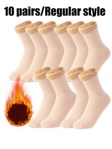 5 Pairs Of Solid Plush Lined Crew Socks, Simple Warm Unisex Snow Tube Socks, Suitable For Autumn And Winter, Women's Stockings And Socks, Fall