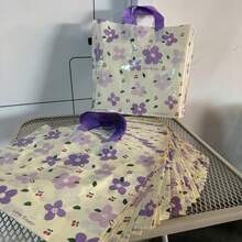 50个/包 花卉图案可重复使用塑料购物袋，加厚手提袋，棕色、粉色和紫色花卉印花，可爱手提包，适用于零售展示、杂货店、日常使用（无拉链），甜美风格散装包装，礼品包装袋，情人节，婚礼回礼 - 彩色 - 查看 4