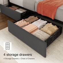 Estructura de cama tapizada con 4 cajones, plataforma de cama de terciopelo tamaño matrimonial con cabecera ajustable de lino, soporte de listones de madera, no necesita somier, color gris. - Gris - Ver 5