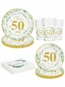 10pcs/20pcs/50pcs/80pcs 50th Birthday Decorations White And Sage Green Leaves Birthday Party Supplies Include Plates Napkins And Cups Sweet Fifty Year Old Birthday Party Tableware For Ladies Women - Multicolor - View 3
