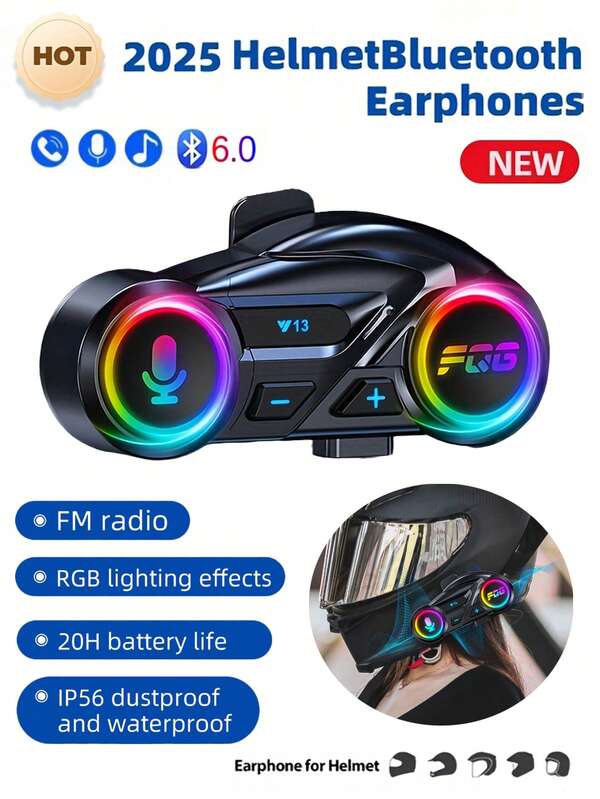 Casco da moto con auricolare Bluetooth 6.0, supporto radio FM stereo, impermeabile, auricolari Bluetooth con luce ambiente (7 effetti di illuminazione cool), riduzione del rumore, batteria ultra-lunga, altoparlante lettore musicale per casco da moto