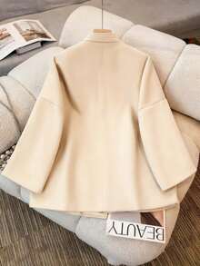 女士优雅常规长度薰衣草色梭织面料外套，立领，落肩袖 - 杏色 - 查看 4