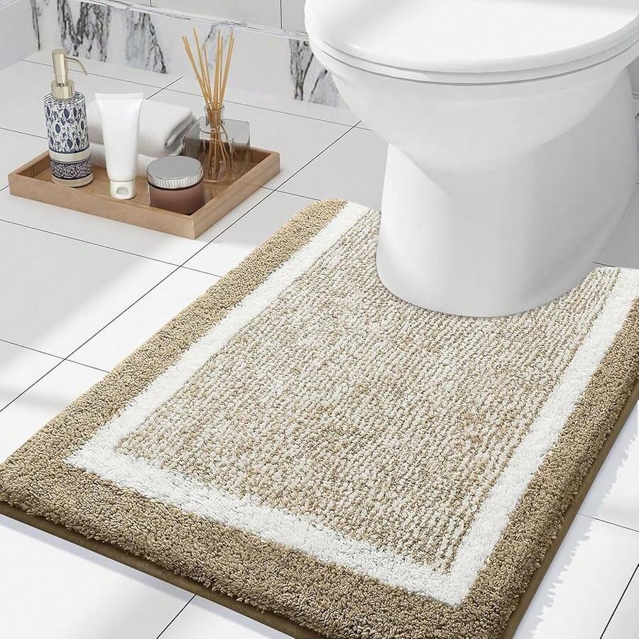Toilet Rugs U-Shaped 24x20, Extra Soft And Absorbent Microfiber Bathroom Rugs, Non-Slip, Machine Wash Dry, Pl 11ush Shaggy Contour Bath Mats For Toilet Base (Tan And White){Inchcolor_nameinch:InchTanandWhiteinch,Inchsize_nameinch:Inch24\Inchx20\InchContourRuginch} - TanandWhite - View 1