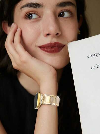 1pc able Cat's Eye Stone Metal Bracelet Strap Compatible Apple Horloge 38mm 40mm 41mm 42mm 44mm 45mm 49mm (S10 42)Mm 46)Mm Women,Luxurious Elegante Rhinestone Elastic Iwatch Series Ultra S10 SE 1, Mother's Day, view 5