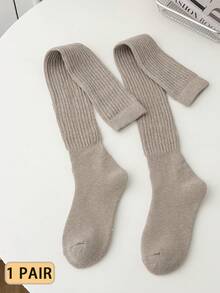1双女士羊毛加厚保暖袜，纯色简约设计过膝袜，冬季保暖舒适袜