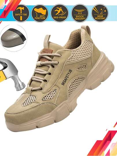 Dian Sen Scarpe da lavoro con punta in acciaio per uomo, scarpe da lavoro beige per uomo, scarpe da allenamento per lavori all'aperto, costruzione, giardino, sito di costruzione, protezione del piede, lavoro quotidiano, ufficio, scarpe di sicurezza per donna, leggere, resistenti agli impatti, con punta in acciaio, scarpe da lavoro comode e traspiranti con suola morbida, adatte per tutte le stagioni o escursioni e viaggi all'aperto, scarpe sportive alla moda e casual, calzature di sicurezza con punta in acciaio leggera per uomo