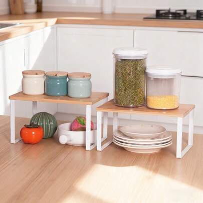 2 Pcs Kitchen Cupboard Organiser Shelf For Cabinet, Expandable & Stackable Counter Cupboard Organiser, Storage Rack For Bathroom, Kitchen, Laundry Room White