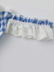 Plaid Off The Shoulder Tops For Women Summer Fashionable Slim Fit Lace Trim Crop Shirts - Blue - View 6