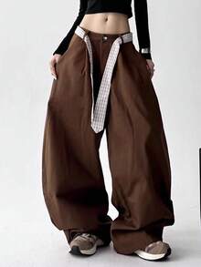 女式涤纶直筒裤，无弹力，纯色，宽松休闲裤