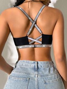 1pc Black Knit Backless Shiny Silver Strap Personalized Comfortable Women's Bra, Suitable For Party And Nightclub - Black - View 6