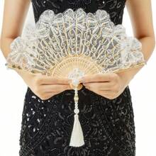 NEW-Lace Hand Fan Non-Foldable Vintage Bridal Handheld Fans With Rhinestone And Embroidered For Wedding Decoration Dancing Party (Gold) - 白色 - 查看 1