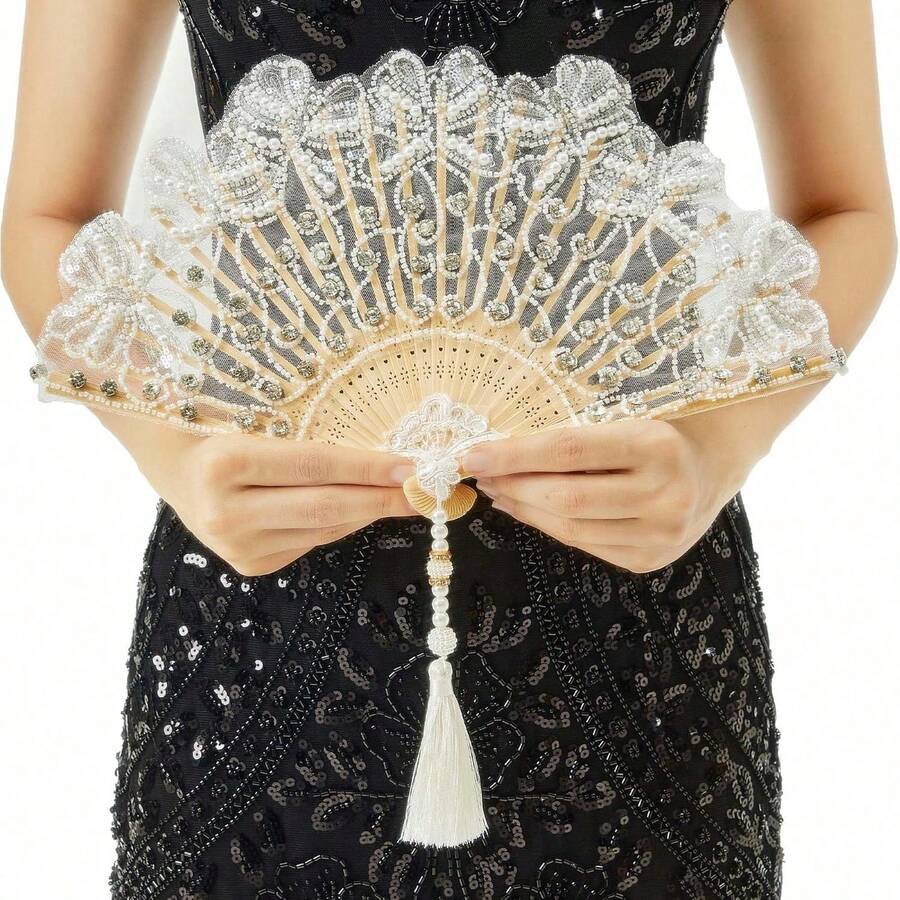 NEW-Lace Hand Fan Non-Foldable Vintage Bridal Handheld Fans With Rhinestone And Embroidered For Wedding Decoration Dancing Party (Gold) - 白色 - 查看 1