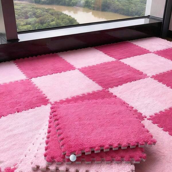 12pcs Plush Patchwork Floor Mat, Non-Slip EVA Foam Room Carpet, Washable, Bedroom & Playroom Puzzle Mat, Indoor Thickened Carpet, Plush Rug Bedroom Interlocking Tiles, Balcony Mat Suitable For Living Room & Bedroom