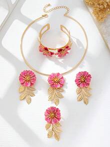 Bộ trang sức hoa thanh lịch 5 món, bao gồm 1 đôi bông tai, 1 vòng cổ, 1 vòng tay, 1 nhẫn, thích hợp cho phụ nữ, quà tặng quyến rũ cho đám cưới/tiệc tùng - Màu Hồng Tươi - Xem 3