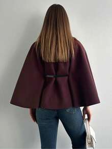 Women's Fashion Elegant Short Sleeve Stand Collar Loose Poncho Cloak Coat With Belt, Winter - Brown - View 4