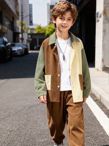 2pcs Boys' Colorblock Corduroy Casual Set, Autumn