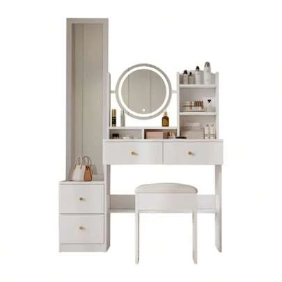 4-In-1 Shoe Cabinet, Makeup Table, With Full-Length Mirror And Rotating Table Mirror, Dressing Table Stool, 3-Color LED Lighting, Metal Handle, White, Dimensions: H164 Cm * W109 Cm * D36 Cm