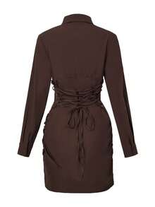 Gaun Mini Wanita Elegan Musim Semi dan Gugur, Berkerah, Lengan Panjang, Kancing Depan, Korset, Pinggang Berkerut, Cocok untuk Kantor, Perjalanan Sehari-hari, Pesta Koktail, Klub Malam - Coklat - View 7