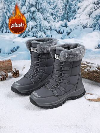Women's Snow Boots, New Autumn/Winter High-Top Mid-Calf Lace-Up Comfortable Thick-Soled Non-Slip Durable Solid Black Casual Boots, Suitable For Young Women, Fashionable Outdoor Hiking Adventure, Thick Plush Lining, Waterproof Leather Upper, Comfortable And Warm
