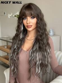 NICKY WALL 36英寸超长波浪棕白挑染长卷发假发，女士款，蓬松亮丽，带刘海，适合派对和日常佩戴。