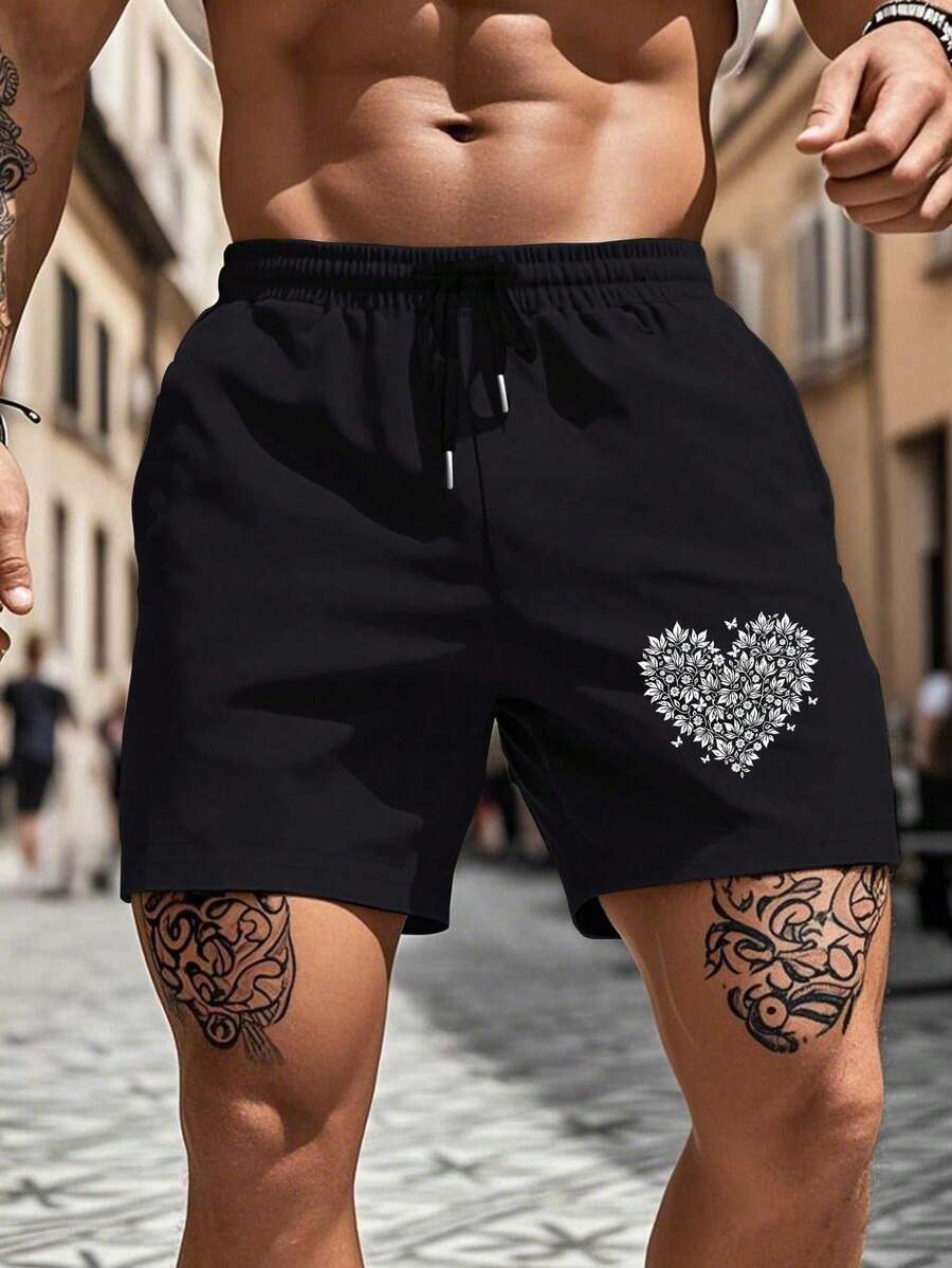 Men'S Casual Shorts With Intricate Heart & Leaf Butterfly Design - Elastic Drawstring Waist, Breathable Mid-Stretch Fabric, Black & White Geometric Pattern - Gym, Beach, Casual Attire - Regular Fit Comfortable Shorts For Men, Men Swim Short With Mesh Liner, Gym Short Men, Basketball Short Men, Men Short For Men, Black Short Men, Athletic Short Men, Men Athletic Short, Men Short Short, Workout Short Men, Men Short Summer, Men Basketball Short, White Short Men, Men' Quick Dry Sport - 黑色 - 查看 1