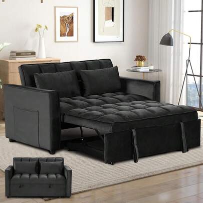 3 In 1 Convertible Sleeper Sofa Bed, Modern Velvet Loveseat Couch Pullout Bed For Living Room, Small Love Seat Lounge Sofa With Reclining Backrest, Pillows And Side Storage Pocket