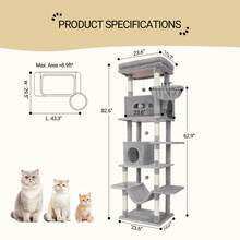 HEXCELEN 82.7-Inch Cat Tree, Large Cat Tower For Indoor Cats, Condo With Perch, Cat House Furniture With 2 Caves, 8 Scratching Posts, Hammock, Pompoms, Washable Cushion, Light Gray - Màu Xám nhạt - Xem 6