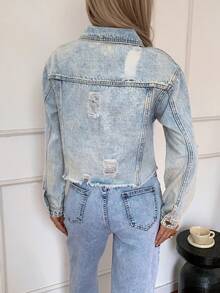 Women's Solid Color Distressed Front Button Frayed Hem Long Sleeve Denim Jacket - Blue - View 6