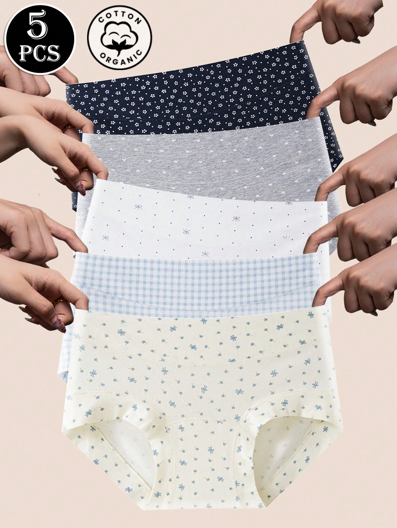5 قطع/عبوة سروال داخلي قطني للنساء مزين بطبعات زهر...