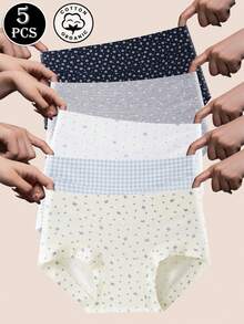 5 件/包女士棉质花朵可爱蝴蝶结无缝三角裤，中腰全覆盖内裤