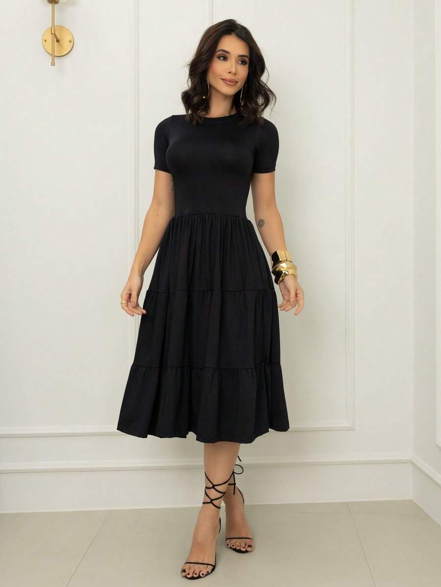 Midi Dress With Ruffles, Peasant Style, Short Sleeves, Delicate, Christmas, Casual, Wedding - Black - View 1