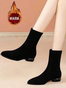 Women's Fashion Versatile Pointed Toe Short Ankle Socks, Simple & Comfortable Slip-On Socks For Commuting & Short Boots (Black, Thermal Lined & Thickened)