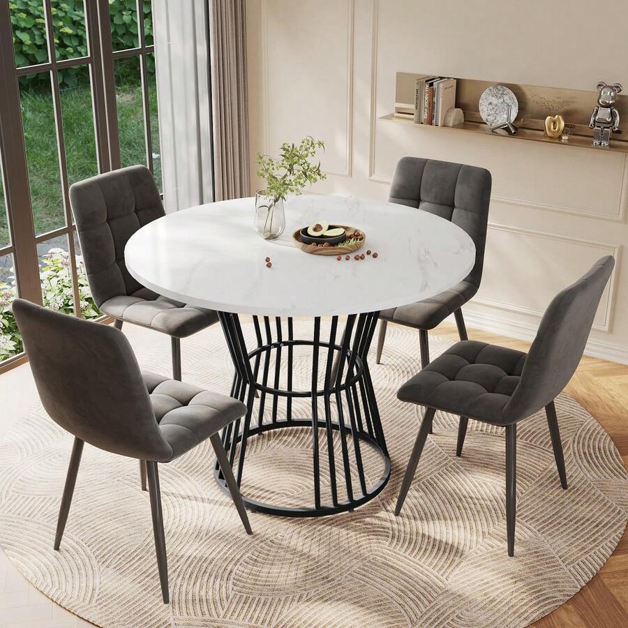 Mesa de Comedor Redonda (80*80*75cm), Mesa de Comedor de Cocina, Mesa de Café Redonda para 4 Personas, Adecuada para Comedor, Sala de Estar, Patas de Mesa de Metal, Patrón deármol Blanco y Patas de Mesa Doradas - Negro + MDF - Ver 1