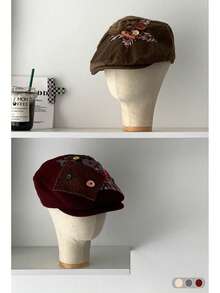 1 件格子帆布报童帽，可翻转格子尖顶帽，复古休闲贝雷帽风格，适合春秋季男女 - 彩色 - 查看 7