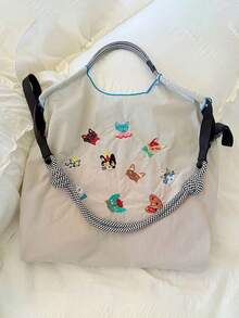 1pc Versatile Embroidered Funny Cat Pattern Lightweight Foldable Nylon Tote Bag, Adjustable Shoulder Strap For Commuting, Shopping, Party