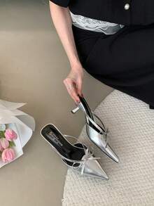 法式尖头中跟高跟鞋，蝴蝶结绑带穆勒鞋，时尚细带露跟凉鞋，适合春秋季节穿着，猫跟鞋 - 銀色 - 查看 4