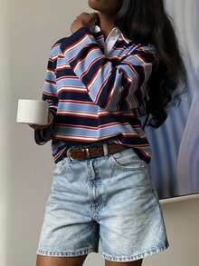 HoloChill 女款拼色條紋翻領休閒長袖針織套頭上衣，2026夏季休閒新款百搭情人節，女款條紋 Polo 領針織長袖修身套頭毛衣，適合秋冬/春季/秋季日常穿著、返校、返校舞會、法式風格 - 藍色 - 查看 1