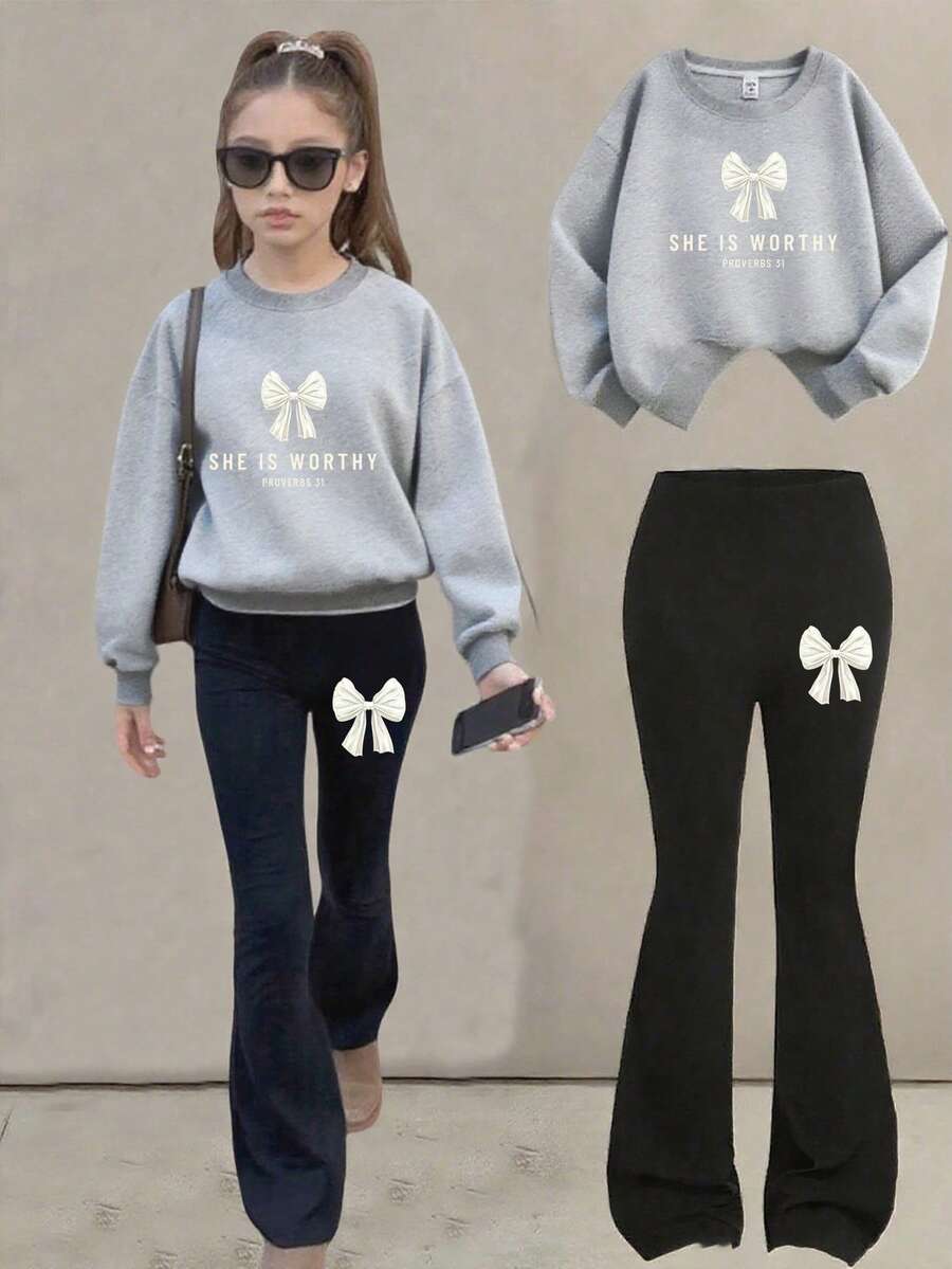 蝴蝶结印花女童休闲简约长袖圆领套头毛衣和中高腰喇叭裤两件套，适合秋冬季节穿着 - 灰色 - 查看 1