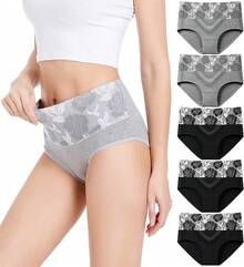 Women's Cotton High Waist Tummy Control Panties Jacquard Ladies Panty Multipack - Comfort - 簡報 03 - 5 件裝 - 3 條黑色,2 條灰色 - 查看 10