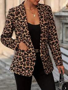 Women's Long Sleeve Leopard Print Lightweight Blazer Jacket With Button Detail, Regular Fit Outerwear Spring - Multicolor - View 2