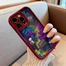 Cubierta de teléfono con diseño de dibujos animados para iPhone color negro con estampado de jardín mágico y personaje caminando entre flores púrpuras y cajas de madera ideal para uso diario y protección del dispositivo - Blanco - Ver 6