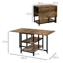 HOMCOM Folding Dining Table With Wheels 140x80cm For 2-6 People, 2 Shelves, Rustic Brown Steel - 1 - 查看 2