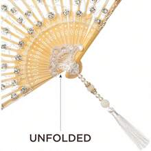 NEW-Lace Hand Fan Non-Foldable Vintage Bridal Handheld Fans With Rhinestone And Embroidered For Wedding Decoration Dancing Party (Gold) - 白色 - 查看 5