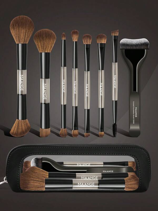 MAANGE 9pcs Makeup Tools Kit With 8pcs Professional Aluminum Tube Makeup Brush Set+Storage Bag Foundation Brush Face Brush Powder Brush Blush Brush Concealer Brush Contour Brush Nose Contour Brush Highlighter Brush Eyeshadow Brush Eyebrow Brush Detail Brush For Daily Makeup On Face Travel Makeup Brush Set Gift For Women & Girl