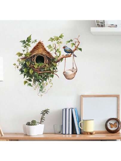 Encantador adhesivo de pared con nido de pájaros y hojas - PVC, autoadhesivo, reutilizable para decoración del hogar, perfecto para superficies de plástico, vidrio, metal, cerámica, decoración de pared, decoración de habitación, decoración de cocina