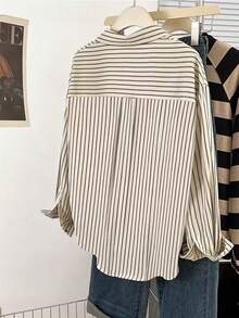 Women's Casual Striped Print Loose Fit Drop Shoulder Long Sleeve Shirt, Suitable For Daily Wear And Commuting, Spring/Autumn - Coffee Brown - View 2