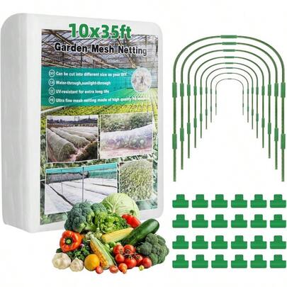 Garden Mesh Netting Kit 10x 35 FT Garden Netting Raised Beds With 8 Pcs Garden Hoops 24 Pcs Garden Clips - Protect Your Climbing Plants, Vegetables, And Fruits From Animals And Birds