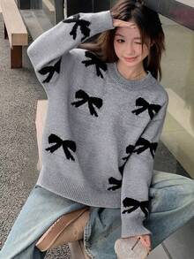 1pc Tween Girls Crew Neck Cute Casual Loose Fit Long Sleeve Knit Sweater, Suitable For Autumn/Winter - Dark Grey - View 4