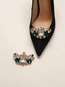 2pcs Olive Green Rhinestone Crystal Hollow Buckle Clips, Princess Style Fashionable Accessories, Suitable For High Heels And Clothing - Olive Green - View 3