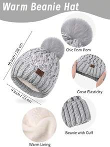 URATOT Women Winter Beanie Hat Scarf Gloves Ear Warmer 4 In 1 Set Beanie Pompom Hat Touchscreen Gloves Long Scarf Ear Warmer - 淺灰色 - 查看 2